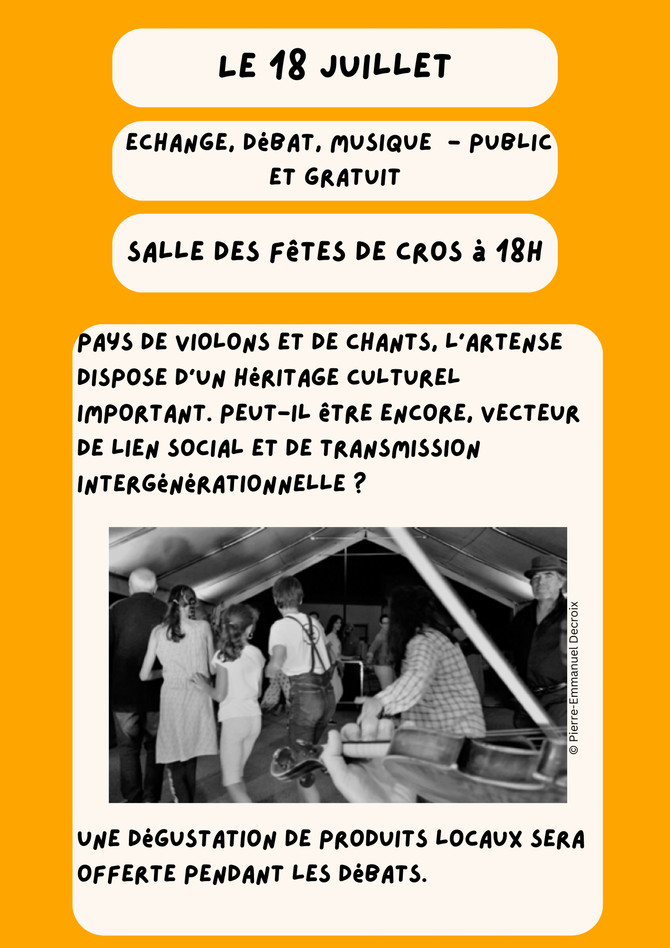 H,P& T vous invite  à la premiere rencontre à Cros (63) sur l'Histoire des Violoneux de l'Artense  le 18 juillet 2024 à 18h / Salle des fêtes